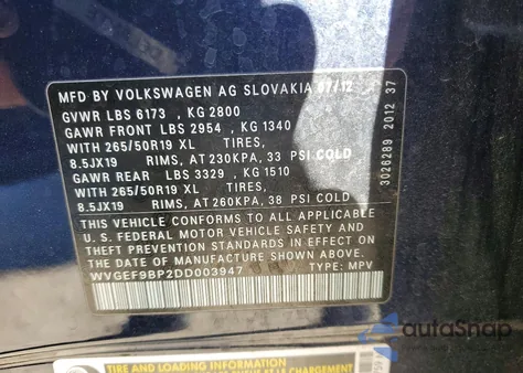 2013 Volkswagen Touareg V6 from USA, damaged, VIN WVGEF9BP2DD003947